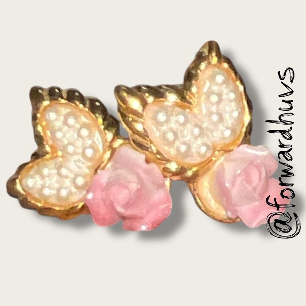 Vintage Gold Tone Clip-On Earrings White Textured Accent with Ceramic Rose